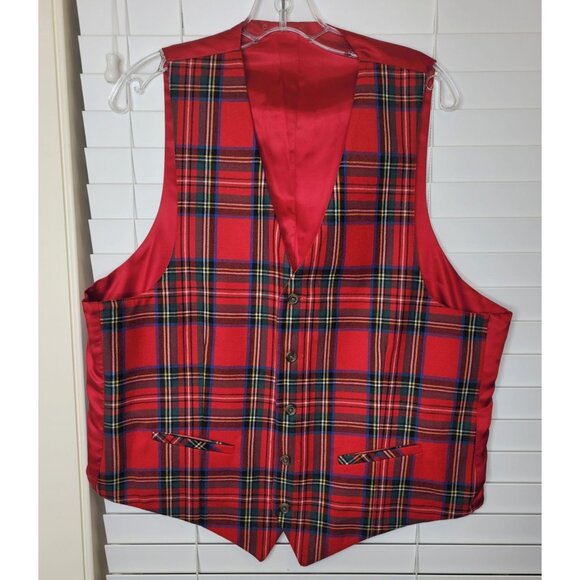 Mens Reversible Plaid & Red Wool Vest 44 Long LN Holiday Wedding Christmas - Picture 1 of 4